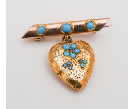 A Victorian yellow gold and turquoise set heart shaped fob brooch un-hallmarked, glazed compartment to reverse. 2.5cms wide, 