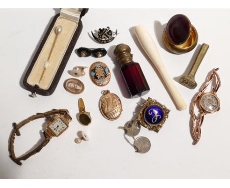 9ct gold 1920's ladies wristwatch, ruby glass scent bottle, Victorian brooches, 1920's ivory cigarette holder, stick pin broo