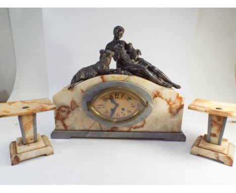 3 piece art deco French clock garniture in marble with spelter Shepherdess mount, clock measures 47cm across 