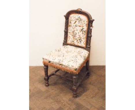 Late Victorian oak framed hall chair on carved cross frame base with tapestry upholstered seat and back 