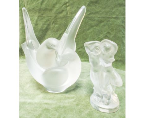 Lalique frosted glass Deux Daneuse dancing nudes figurine and a Lalique Dove vase both signed Lalique France. Vase tallest it