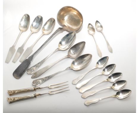 Continental 800 standard soup ladle, pair of art nouveau bread forks with 800 standard handles and 13 German silver spoons 