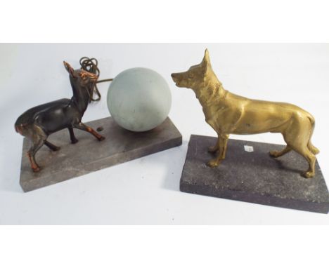 French art deco light fitting with glove shade and spelter deer figure and a gold painted spelter figurine of an Alsatian dog