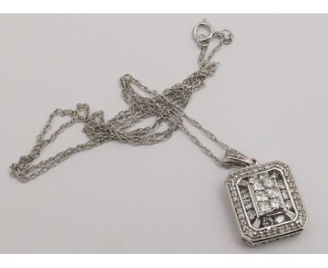 14ct white gold modern diamond set pendant set in rectangular art deco motif on a fine white gold chain 