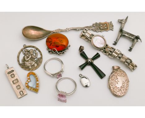 Collection of silver jewellery to include Amber brooch, pink stone and CZ dress rings, lockets, silver ingot, dress watch, sp