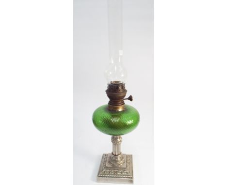 Victorian Corinthian plated oil lamp with green glass bowl and chimney 