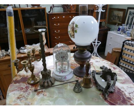 Oil lamp, bell, door stop, candle snuffer, clock, small mirror etc.