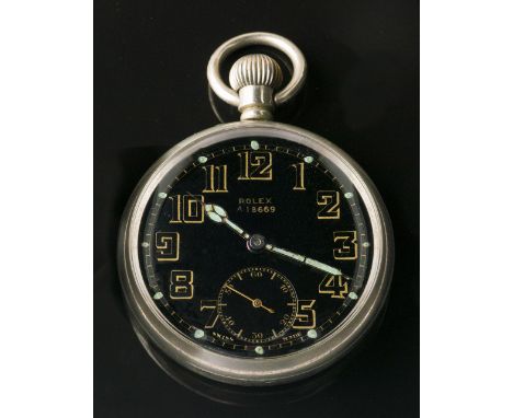 Rolex World War II British military issue nickel cased pocket watch, with black dial with gilded luminous Arabic numerals, su