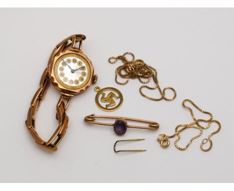 Ladies vintage 9ct gold cased wrist watch on plated adjustable strap, 2 small gold chains and a gold and amethyst bar brooch