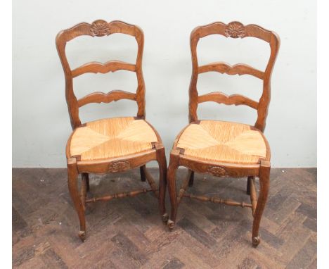 Set of 6 French country oak ladder back dining chairs with rush seats 