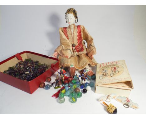 Vintage Bikee game, Japanese puppet, old marbles, lead soldiers      There are 20 fully round lead soldier figures included i