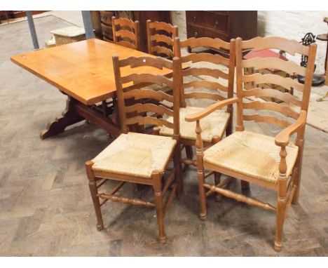 Good quality golden oak refectory style dining table together with 5 matching ladder back rush seated chairs comprising 4 sta