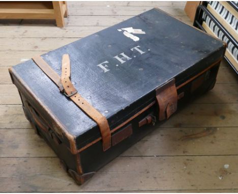 Large blue trunk with leather corners and straps etc. 
