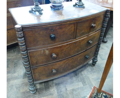 Victorian mahogany bow fronted chest of 2 short and 3 long drawers with bobbin turned side pilasters and later plate glass to