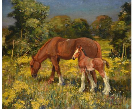 λ Edward Seago (British 1910-1974)Horses in a Norfolk landscapeOil on canvasSigned and dated 1928 (lower right)92 x 110cm (36