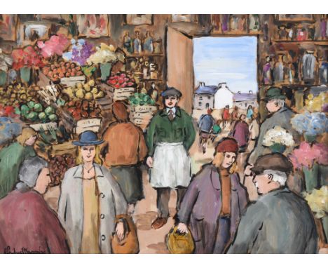 λ Gladys Maccabe (Irish 1918-2018)At the marketOil on boardSigned (lower left)39.5 x 51cm (15½ x 20 in.)In 1941 Gladys marrie