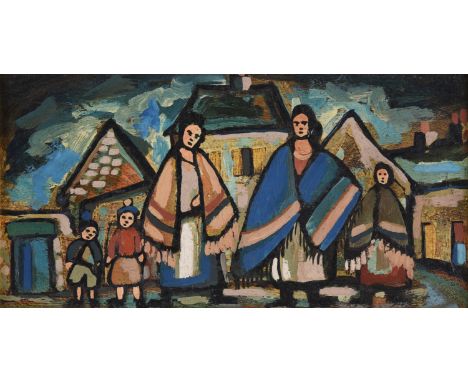 λ Markey Robinson (Irish 1917-1999)Shawlies in the villageOil on board15 x 30cm (5¾ x 11¾ in.)Provenance:Angus MacDonald, Hol