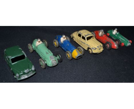 Dinky Toys - Racing Cars - 23H, Ferrari, blue, yellow nose, Rn 5, yellow hubs;  23J H W M, pale green, Rn 7, green hubs;  23N