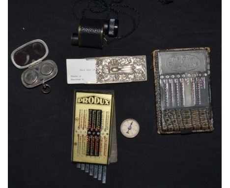 Boxes and Objects - a vintage Pocket Adding Machine; another Produx; a sovereign and half sovereign case;  Kershaw's 4 1/2 Th
