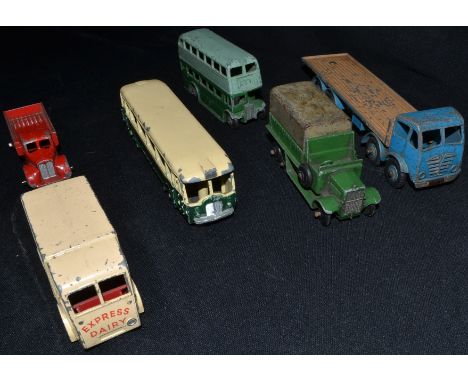 Dinky Toys - an Autobus Parisien Somua Panhard Bus, cream and green body, green hubs;  others, 107 Double Decker Bus, two ton