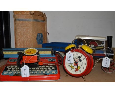 Toys - a Mamod steam wagon, blue and cream body, red wheels; a Mettype junior tin plate typewriter; a Bradley Mickey Mouse al