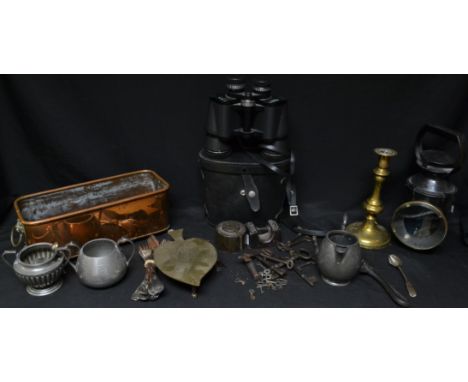 Boxes and Objects - a carriage lamp; a pair of Prinzlux binoculars; a brass candlestick; a silver teasboon, Dublin hallmark; 