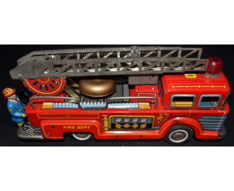 A Kokyu (Japan) Tin plate friction powered Fire Dept truck, Reg K-55, automatic deploying telescopic extending ladder, mounte