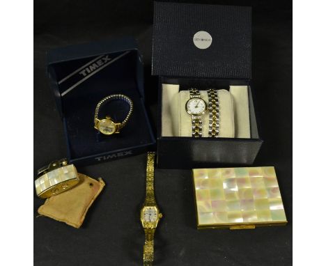 A lady's Ronson mother-of-pearl cigarette case and lighter; a Sekonda watch and bracelet, boxed; a Timex watch; another Rodan