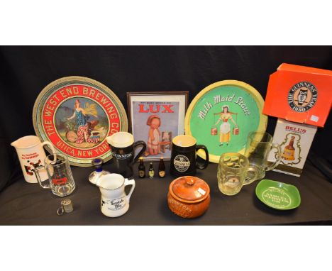 Advertising - a Royal Doulton William Younger's Scottish Ale pub jug, Milk Maid stout tin bar tray; Guinness miniatures, Bell