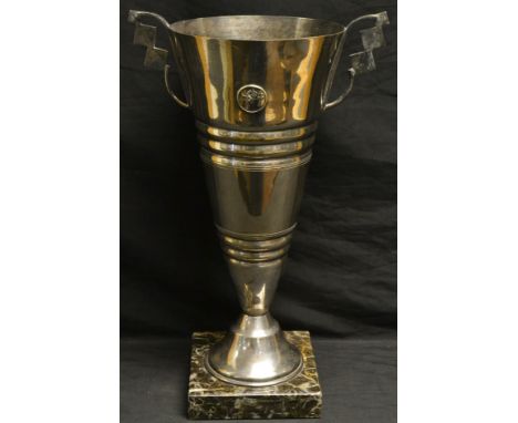 A large Art Deco E.P.N.S trophy, marble vase