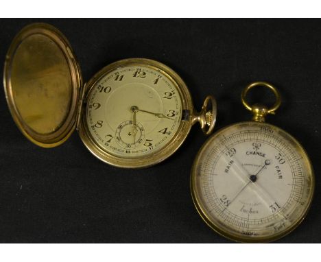 An Art Deco gold plated hunter cased pocket watch, textured dial, Arabic numerals, subsidiary seconds, gilt hands, button win