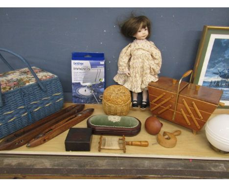 Sewing basket,&nbsp; cantilever sewing box, sewing items, a porcelain faced doll, light globe and metal wares