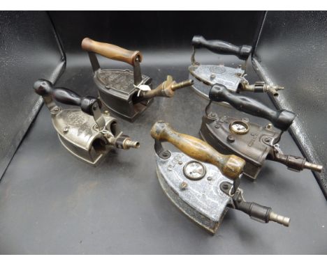 5 Glorex gas irons to incl Silent Glorex models and 2 others with heat dial indicators, 2 are enamel&nbsp;
