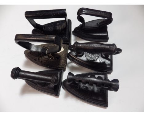 6 various sad/flat irons to incl Siddons No 6, Crane, A K &amp; Sons, Kenrick No.2 etc