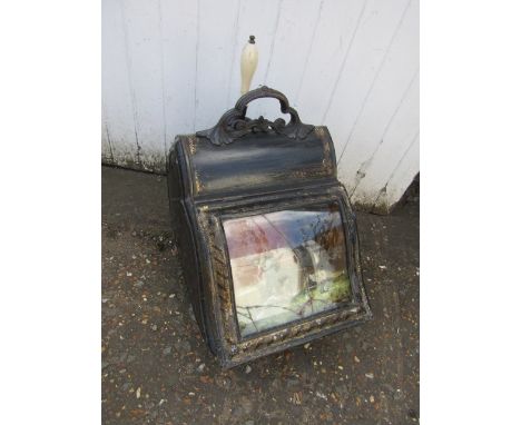 Enamelled&nbsp; purdonium with reverse painted glass front (cracked) enamel handled shovel and liner.&nbsp;