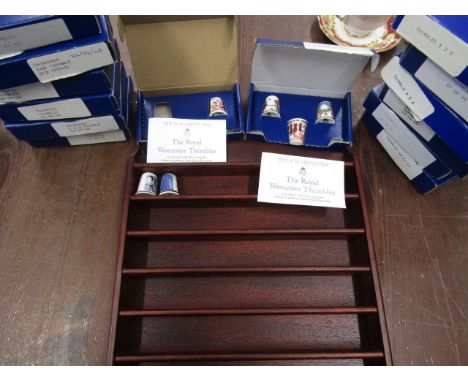 Royal Worcester thimble collection with display shelf list of thimbles in photo's
