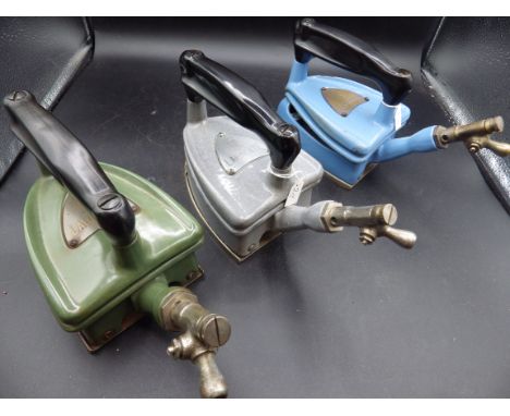 3 Fletcher Russell Laureate enamel gas irons in blue, green and grey