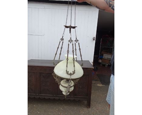 Vintage suspension brass and ceramic ceiling oil lamp with glass shade (converted to electric but in need of re-wiring)&nbsp;