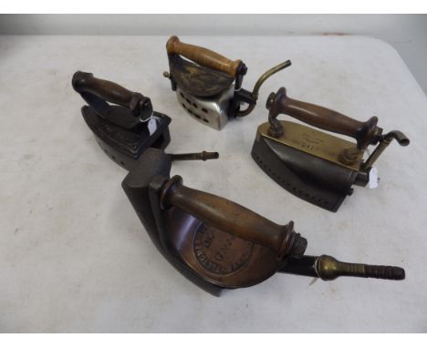 4 assorted gas irons to incl R G Thwaites The Premier no 2436? Hyde Park, The Monarch of all, T Beecrofts No 241 Rd No 49960/