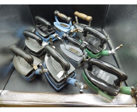 8 assorted Clark's Fairy enamel gas irons to include models Fairy Prince No 374 and 375, Fairy Queen 446107, in assorted colo