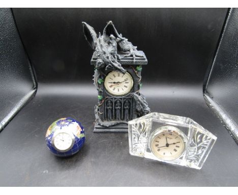 3 clocks- dragon clock, a semi-precious stone globe clock and a glass clock&nbsp;