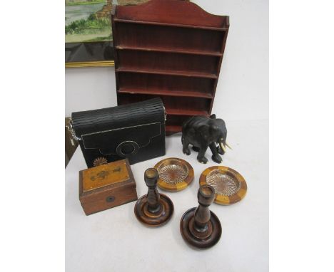 Collectors lot- treen candle holders, display shelf, trinket dishes, Ebony elephant etc