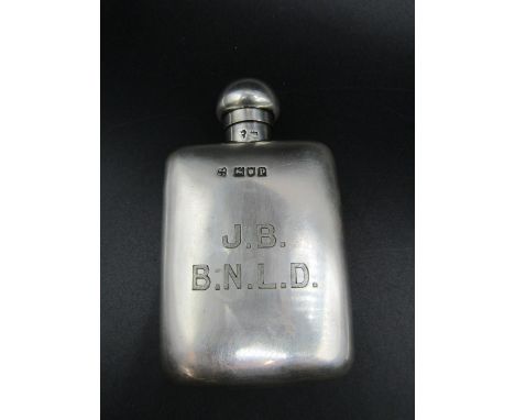 A silver hip flask with engraved initials 82gms