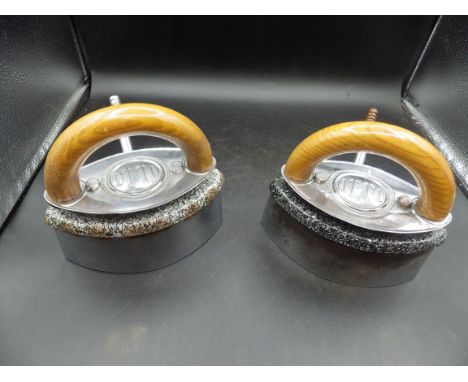 2 chrome? Otto gas irons with enamel tops and metal shields, both with wood handles