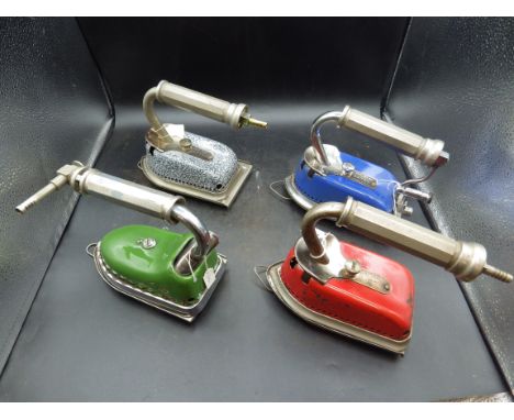 4 Metro enamel gas irons patent 360555 in red, blue, green and gray all with trivets