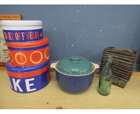 Macadams brass thermometer, Jamie Oliver cake tins, casserole pot, vintage bottle and cake tins