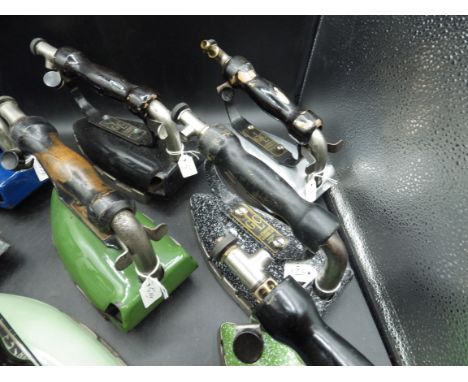 10 assorted GLC&nbsp; gas irons from A Kendrick &amp; Sons, 1 chrome and 9 enamel in both solid and speckled enamel incl blac