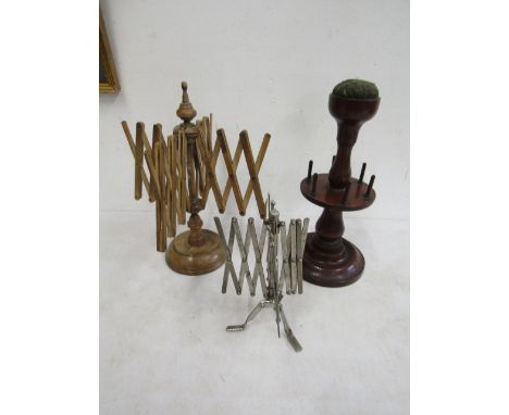 vintage wooden yarn winder and one metal and bobbin stand