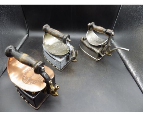 3 John Wright &amp; Co Ltd Birmingham gas irons to incl Marguerite black enamel model with copper heat shield plus a Margueri