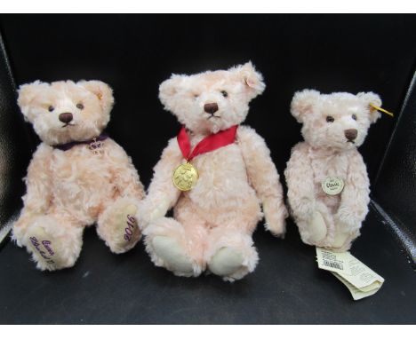 Steiff classic bear, QEII bear and 2013 Danbury Mint bear all pink in a Steiff box